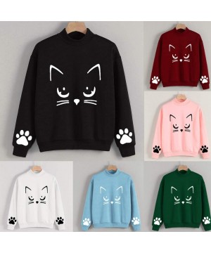 Thermal Underwear Women Casual Solid Cat Print Long Sleeve Hoodie Sweatshirt Hooded Pullover Tops Blouse - B-blue - CR193ZKKA2M