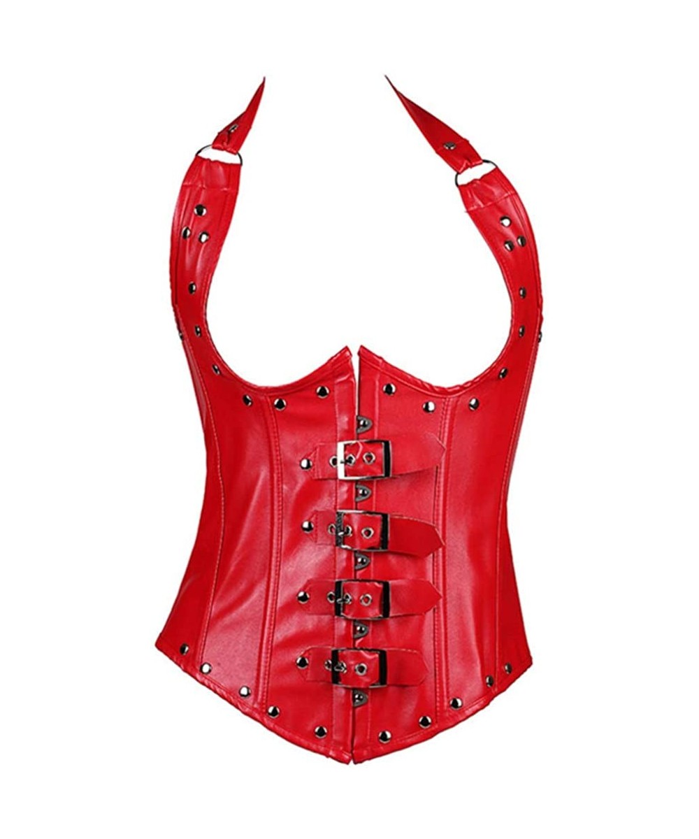 Bustiers & Corsets Women Plus Size Lace up Corset Faux Leather Top Corset Steel Boned-C500 - Red - CQ192O0H5HH