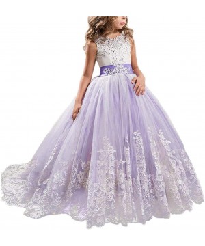 Slips Girls Embroidery Princess Dress Wedding Birthday Party Long Tail Prom Gowns - A-purple - CF18W796SXQ