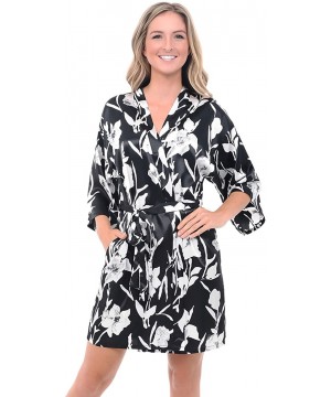 Robes Womens Satin Printed Robe- Mid-Length Dressing Gown - Black Floral Print - CT12EF3UMWP