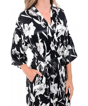 Robes Womens Satin Printed Robe- Mid-Length Dressing Gown - Black Floral Print - CT12EF3UMWP