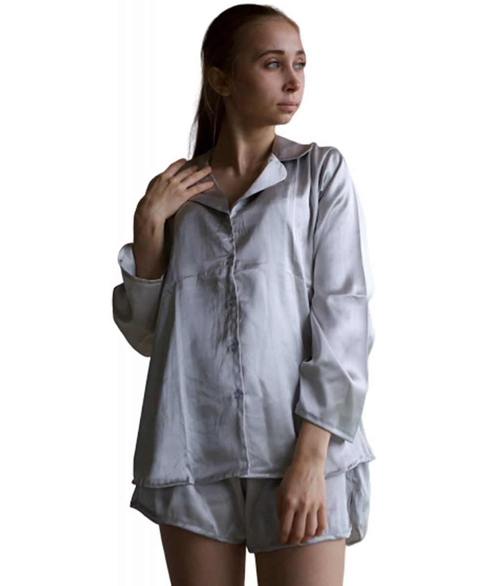 Sets Women's Satin Silk Pj Sets Long Sleeved with Shorts - Silver - CK192Z3WMGW