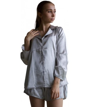 Sets Women's Satin Silk Pj Sets Long Sleeved with Shorts - Silver - CK192Z3WMGW