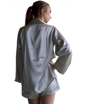 Sets Women's Satin Silk Pj Sets Long Sleeved with Shorts - Silver - CK192Z3WMGW