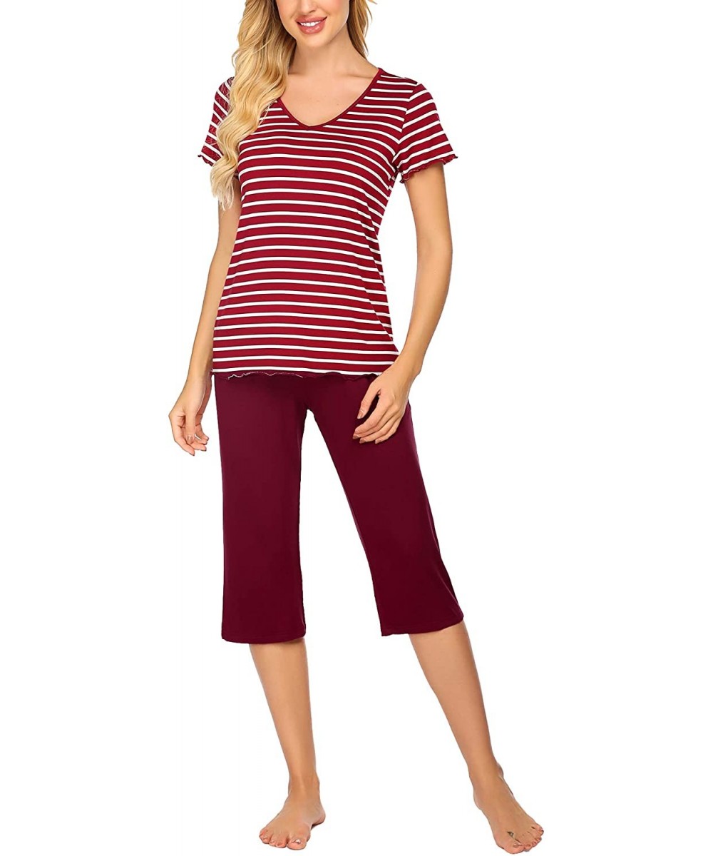 Sets Womens Pajama Sets Sleepwear Short Sleeve Classic Tops with Capri Pjs Set - Wine Red - CS198NCZGZW