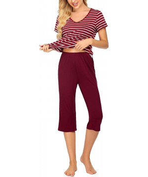 Sets Womens Pajama Sets Sleepwear Short Sleeve Classic Tops with Capri Pjs Set - Wine Red - CS198NCZGZW