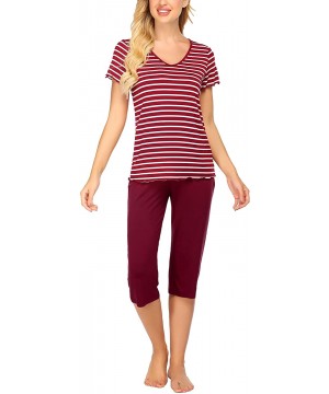 Sets Womens Pajama Sets Sleepwear Short Sleeve Classic Tops with Capri Pjs Set - Wine Red - CS198NCZGZW