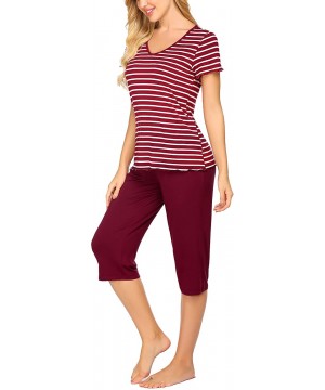 Sets Womens Pajama Sets Sleepwear Short Sleeve Classic Tops with Capri Pjs Set - Wine Red - CS198NCZGZW