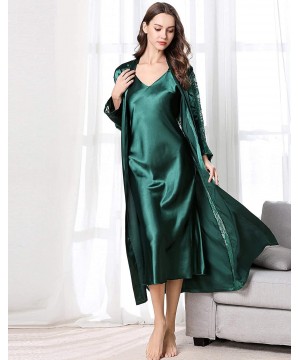 Nightgowns & Sleepshirts 2 Piece Women Satin Nightgowns and Robe Set Sexy Silk Slip Dress Chemise Nightdress - Green - C2193N...