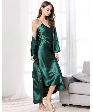 Nightgowns & Sleepshirts 2 Piece Women Satin Nightgowns and Robe Set Sexy Silk Slip Dress Chemise Nightdress - Green - C2193N...