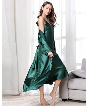 Nightgowns & Sleepshirts 2 Piece Women Satin Nightgowns and Robe Set Sexy Silk Slip Dress Chemise Nightdress - Green - C2193N...