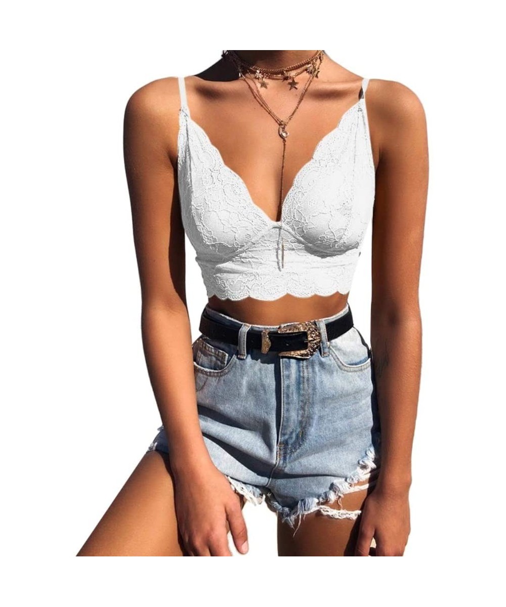 Camisoles & Tanks Sexy Summer Women Bra-Solid Color See-Through Lace Underwear V Neck Camisole Bralette Top White L - White -...