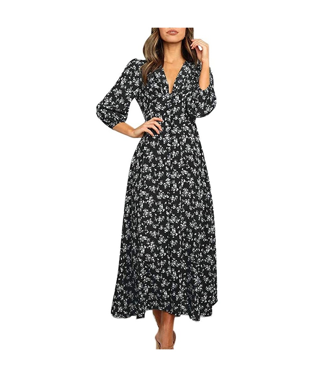 Robes Women Stylish Printed Maxi Dresses Ladies Long Sleeve Crewneck Autumn Summer Casual Lightweight Boho Dress Y 6 Black - ...