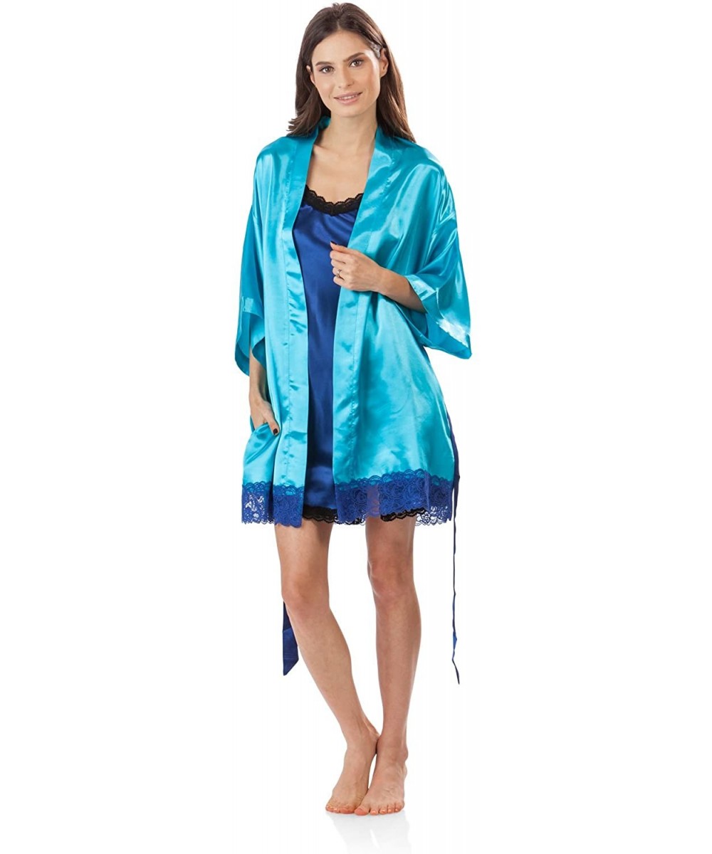 Robes Women's 2 Piece Satin Robe and Nightie Set - Aqua/Royal Blue - CE12L9ISWPX