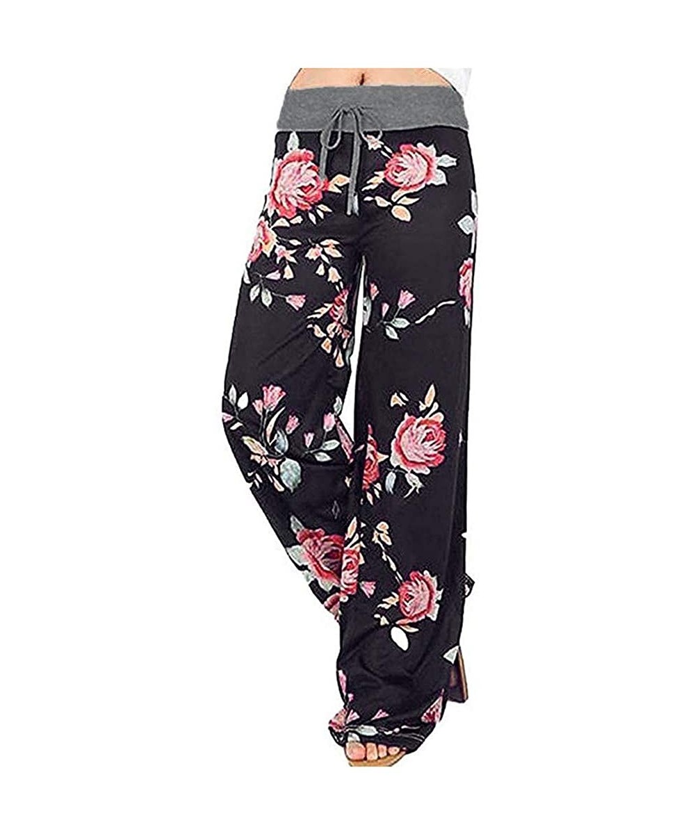 Bottoms Women Comfy Casual Pajama Pants Floral Print Drawstring Lounge Pants Wide Leg - C - CG193XULR30