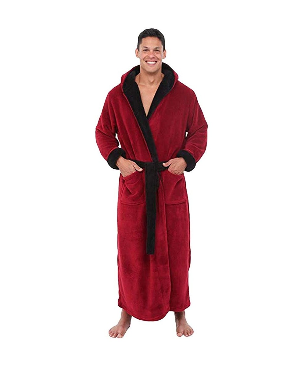 Robes Men's Hooded Robe - Plush Shawl Kimono Bathrobe for Men Shawl Collar Fleece Bathrobe Spa Robe - Red - CX192IDXIE2