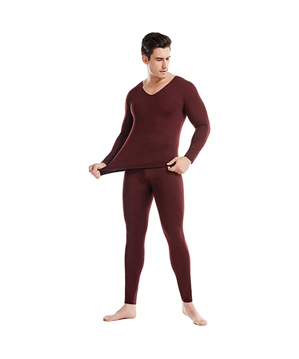 Thermal Underwear Men's Seamless Thermal Underwear Set V-Neck Long Johns - Wine Red - CK18AE63DD6