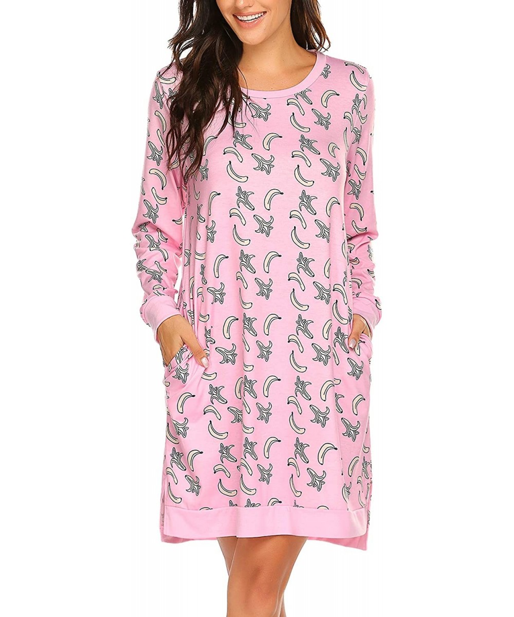 Nightgowns & Sleepshirts Loungewear Long Sleeve Nightgown Printed Soft Sleep Shirts with Pocket - Banana - C218UXWSHMR