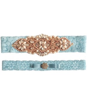 Garters & Garter Belts Handmade Lace Wedding Garter Set for Bride Rhinestones Party Garters - Blue/Rose Gold Rhinestone - C61...