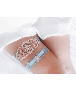 Garters & Garter Belts Handmade Lace Wedding Garter Set for Bride Rhinestones Party Garters - Blue/Rose Gold Rhinestone - C61...