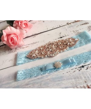 Garters & Garter Belts Handmade Lace Wedding Garter Set for Bride Rhinestones Party Garters - Blue/Rose Gold Rhinestone - C61...