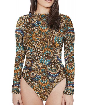 Shapewear Womens Print Long Sleeve High Neck Stretchy Bodysuit Jumpsuits Rompers - Sapphire Blue - CB12O4R8QCA