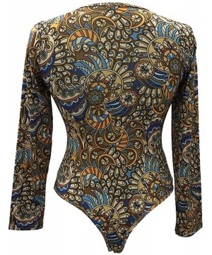 Shapewear Womens Print Long Sleeve High Neck Stretchy Bodysuit Jumpsuits Rompers - Sapphire Blue - CB12O4R8QCA