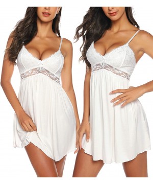 Nightgowns & Sleepshirts Women Lace Lingerie Sleepwear Chemises V-Neck Full Slip Babydoll Nightgown Dress - White - CG18S0M3EZ4