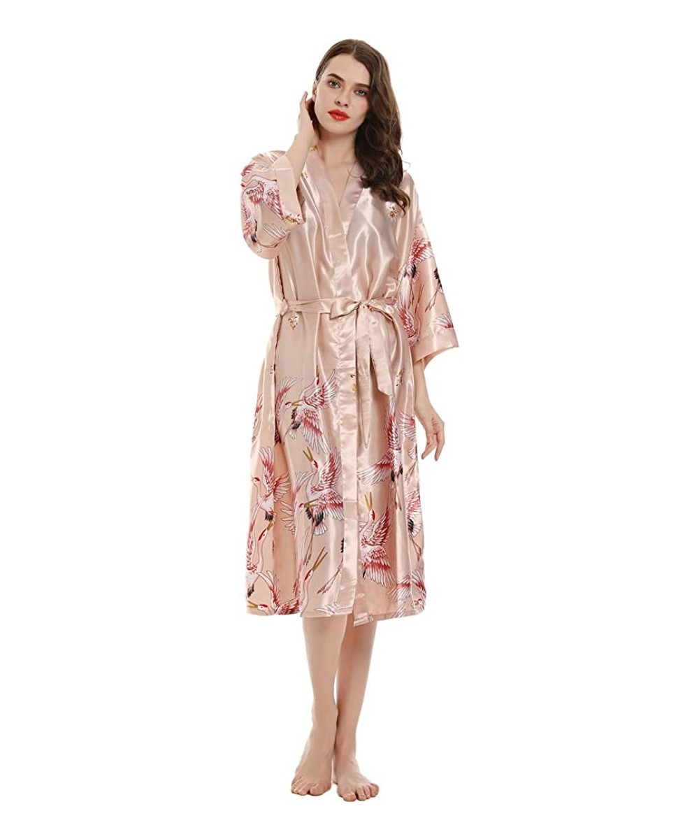 Robes Women's Long Classic Satin Kimono Lounge Bathrobe Robe Dressy Pajamas - Light Pink - CM197KYN4YG