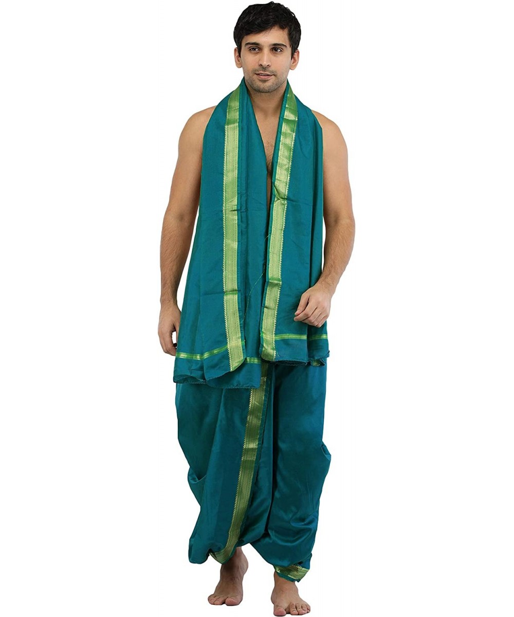 Sleep Sets Ready to Wear Dhoti and Angavastram Set with Woven Golden Border - Colonial Blue - CB18U5TE0NG