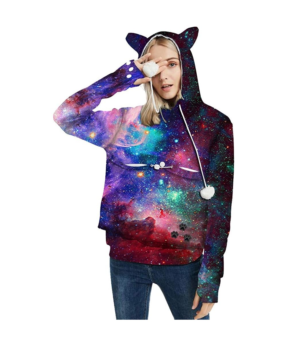 Thermal Underwear Women Star Print Hoodie Cat Ear Sweatshirt Galaxy Printing with Hood Hooded Top - Purple - CF192YI97A6