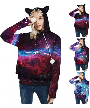 Thermal Underwear Women Star Print Hoodie Cat Ear Sweatshirt Galaxy Printing with Hood Hooded Top - Purple - CF192YI97A6