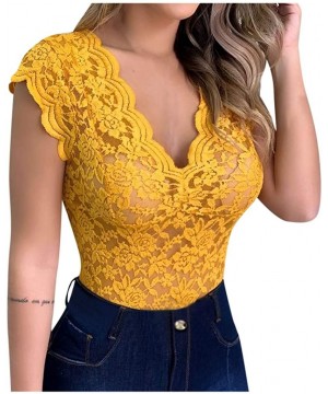 Shapewear Women' Sexy V-Neck Sheer See Through Mesh Lace Tops Sleeveless Basic Bodysuits Romper Clubwear - Yellow - CF197XMMAHS