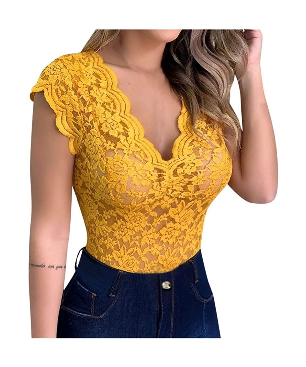 Shapewear Women' Sexy V-Neck Sheer See Through Mesh Lace Tops Sleeveless Basic Bodysuits Romper Clubwear - Yellow - CF197XMMAHS