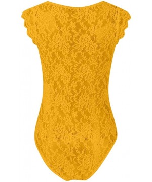 Shapewear Women' Sexy V-Neck Sheer See Through Mesh Lace Tops Sleeveless Basic Bodysuits Romper Clubwear - Yellow - CF197XMMAHS