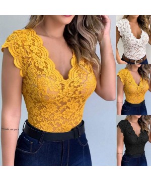 Shapewear Women' Sexy V-Neck Sheer See Through Mesh Lace Tops Sleeveless Basic Bodysuits Romper Clubwear - Yellow - CF197XMMAHS