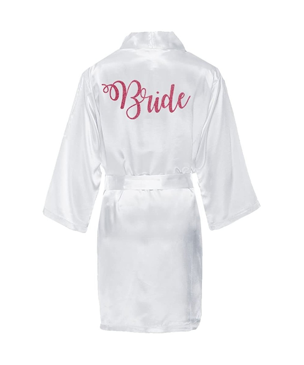 Robes Bride Satin Kimono Robe with Glitter Print - White Bridal Robes - White With Pink Glitter - C91834C9RRT