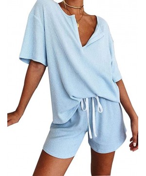 Sets Women Casual 2 Piece Outfits Ribbed Short Sleeve V Neck Loose Tunic Tops Drawstring Pockets Shorts PJ Set Loungewear - L...