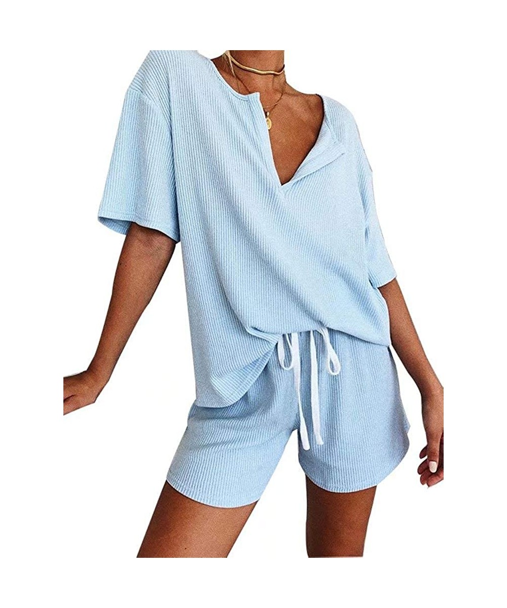 Sets Women Casual 2 Piece Outfits Ribbed Short Sleeve V Neck Loose Tunic Tops Drawstring Pockets Shorts PJ Set Loungewear - L...