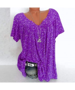 Shapewear Women's Large Size Short-Sleeved T-Shirt Shirt Fashion V-Neck Printed Shirt Pullover Top - Purple - C318S9WU6X6