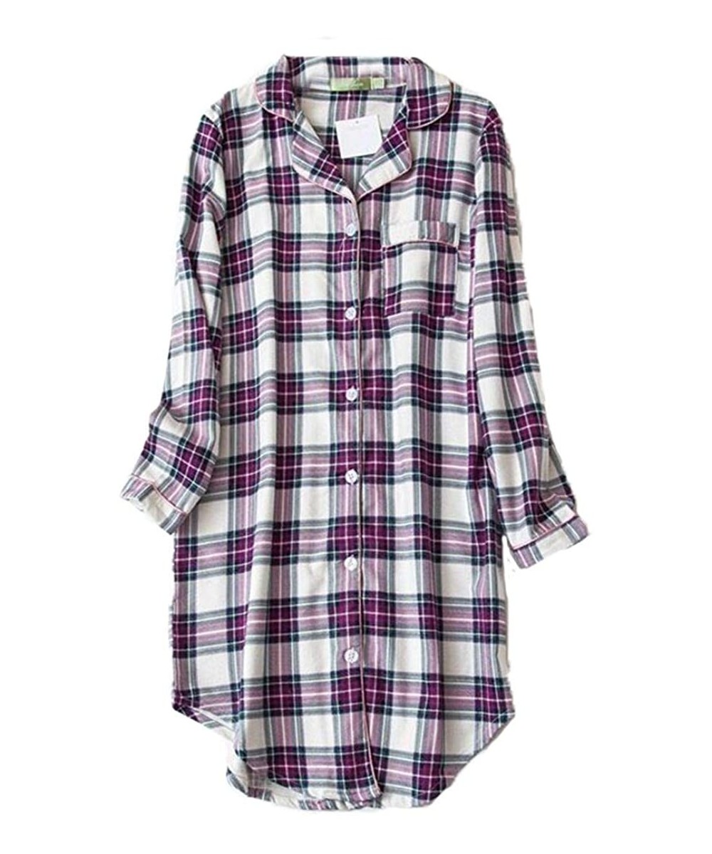 Nightgowns & Sleepshirts Women's Flannel 100% Cotton Nightgown Button Down Boyfriend Nightshirt Mid-Long Style Sleepshirt Paj...