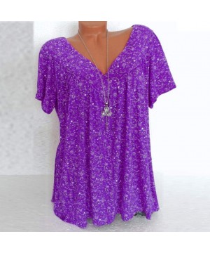 Shapewear Women's Large Size Short-Sleeved T-Shirt Shirt Fashion V-Neck Printed Shirt Pullover Top - Purple - C318S9WU6X6