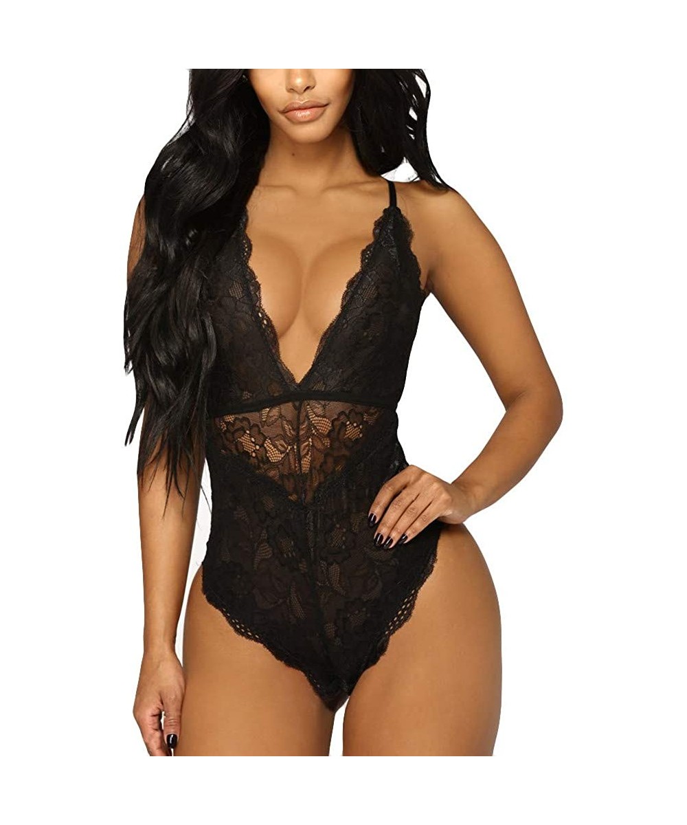 Baby Dolls & Chemises Women Lingerie Lace Nightwear Dress Underwear Sleepwear G-String Babydoll - Black B - CL18OW8N68K