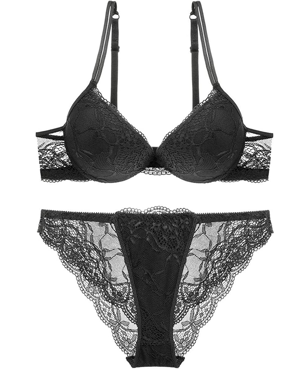 Bras Women Fashion Push Up Bra Panty Set Underwear Breathable Lace Sexy Lingerie Intimates - Black - C912O16DM8P