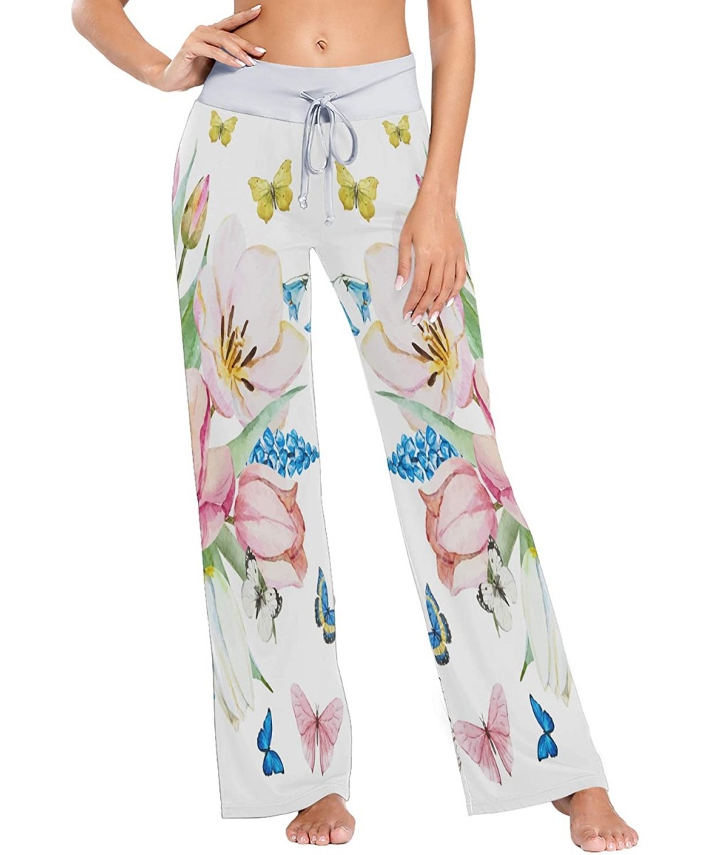 Bottoms Womens Comfy Casual Pajama Pants Spring Flowers Butterflies Drawstring Palazzo Lounge Pants Wide Leg Multicolor - CH1...