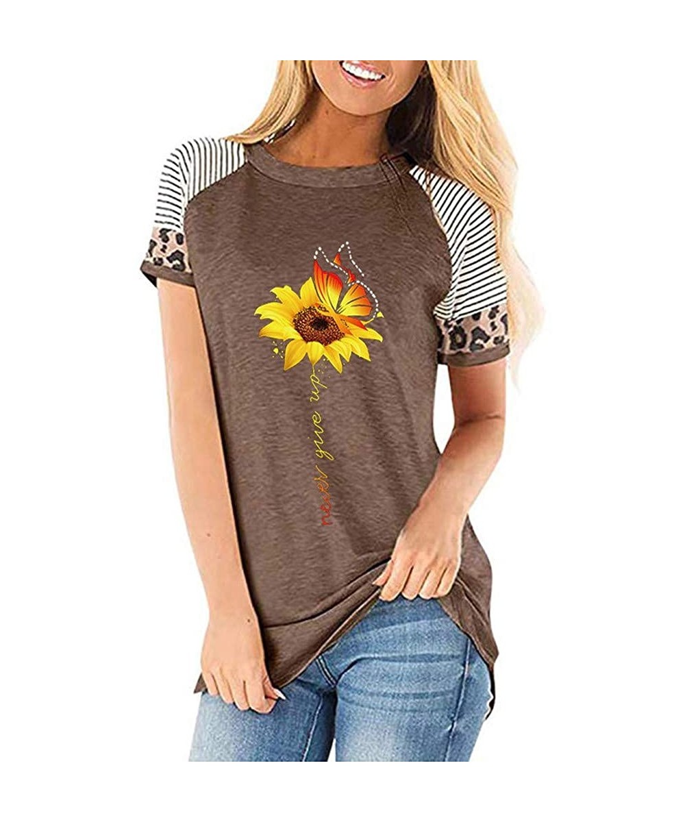 Thermal Underwear Women's Sunflower Leopard Patchwork Short Sleeve O-Neck Print Casual Top T-Shirt - C-coffee - CO197LAMTRG