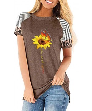 Thermal Underwear Women's Sunflower Leopard Patchwork Short Sleeve O-Neck Print Casual Top T-Shirt - C-coffee - CO197LAMTRG