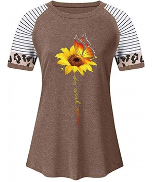 Thermal Underwear Women's Sunflower Leopard Patchwork Short Sleeve O-Neck Print Casual Top T-Shirt - C-coffee - CO197LAMTRG