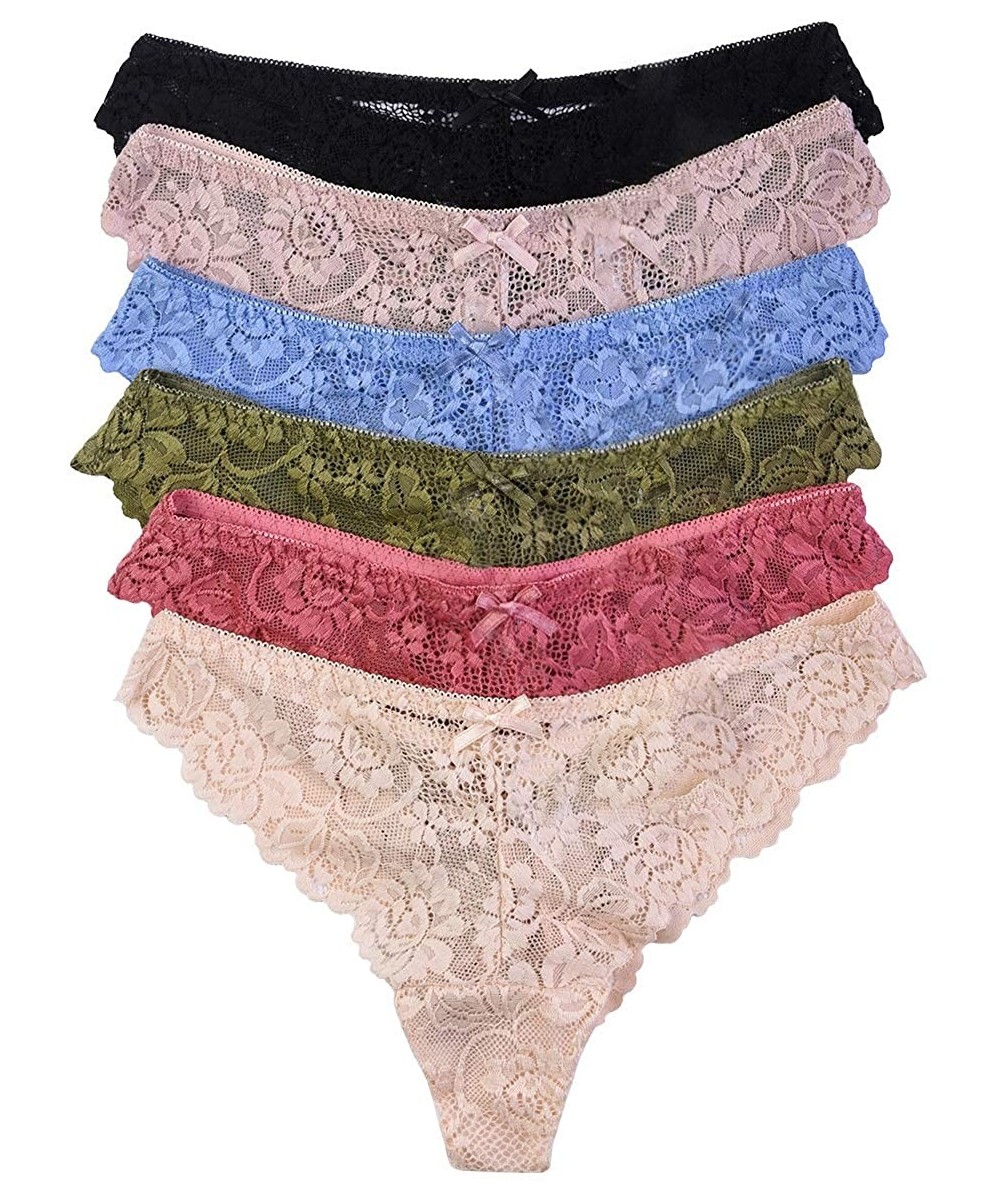 Panties Women's Pack of 6 Thongs in Multiple Styles - Floral Lace W/ Ribbon - CM12EUEGADN