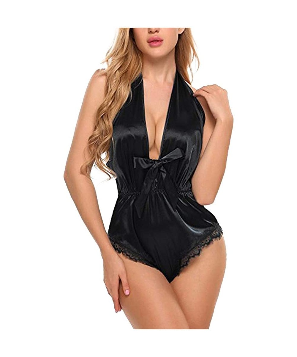 Slips Silk Pajamas Sexy Satin Underwear Jumpsuit Bodysuit Teddy Lingerie Sleepwear - Black - C1195AQ52AS